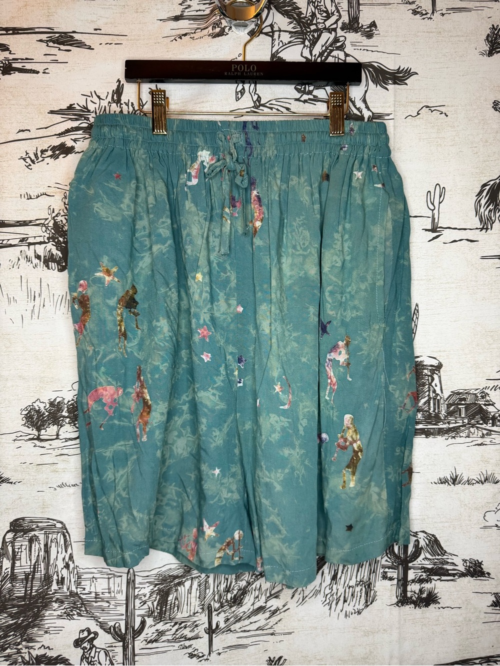 Teal Flowy Drawstring Shorts with Whimsical Motifs